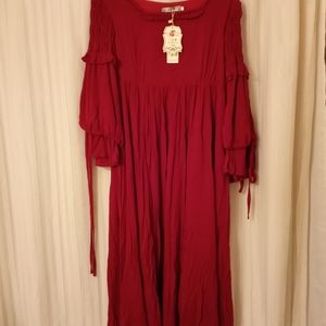 Womens Red Korean Vintage Midi Dress with Balloon Sleeves by T Cho Yong-…